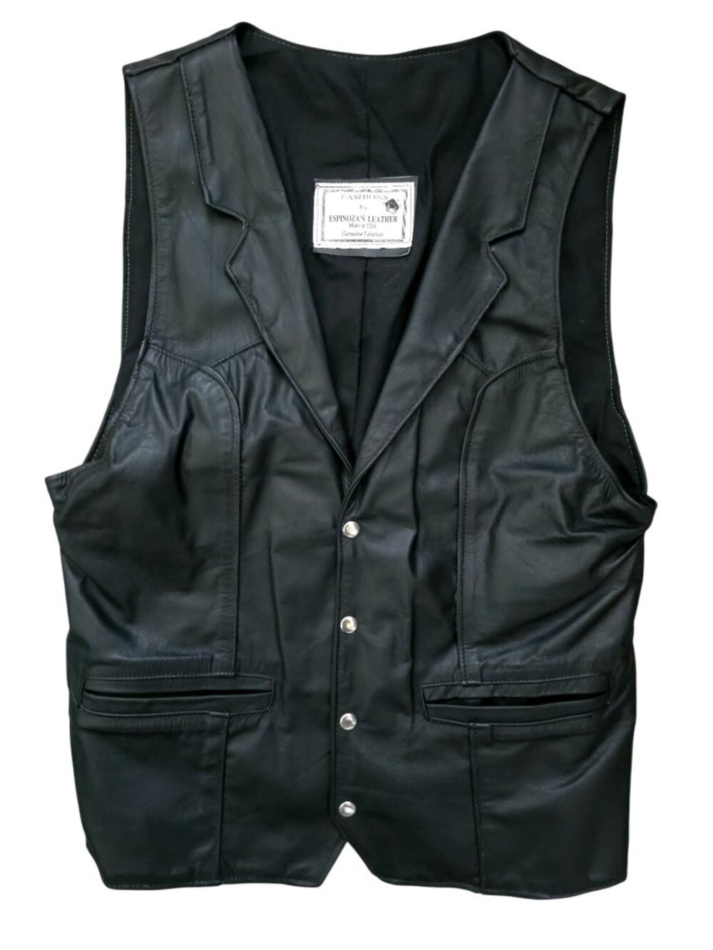 Vtg Espinoza's Genuine Black Leather Biker Motorcycle Club Vest Sz M - USA MADE - Picture 1 of 6